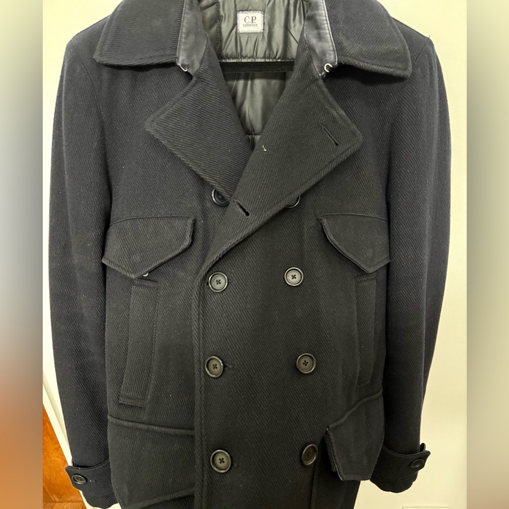 C.P. Company Navy Wool-Blend
Detachable-Hood Quilted Pea Coat - Picture 3 of 15